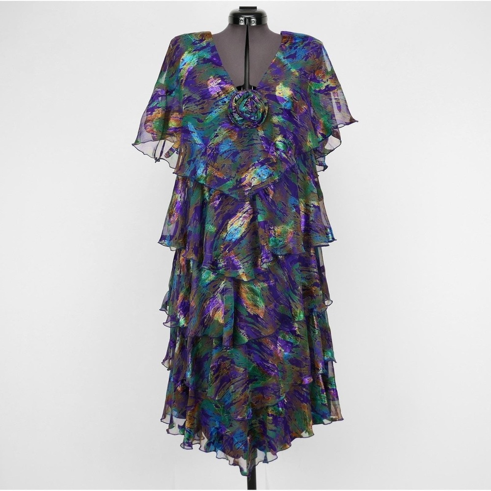Vintage Ann Hobbs Cattiva Neiman Marcus Metallic Tiered Dress Purple Gold 14 NWT